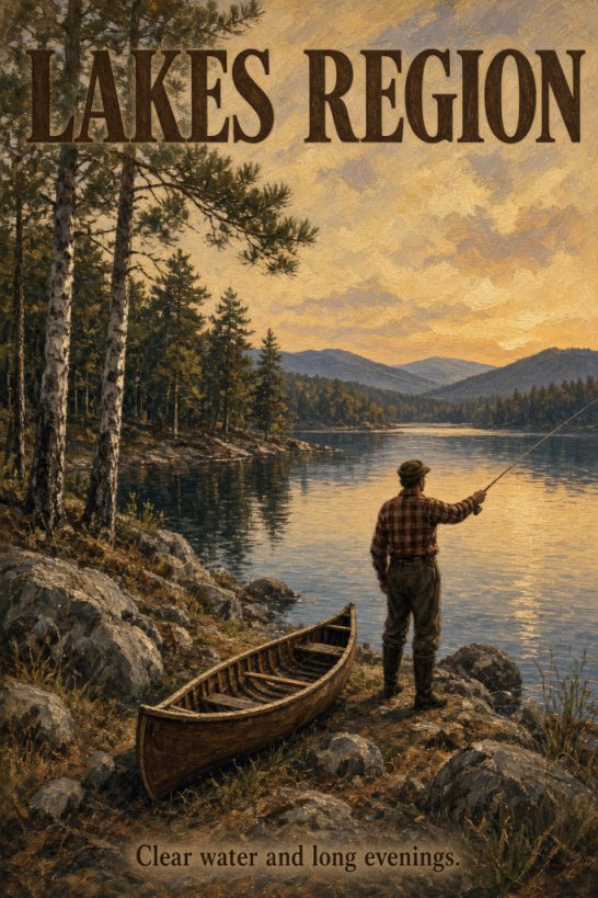 Vintage poster of the Lakes Region: a wooden dock, two canoes, and pines along a calm lake at evening. Caption: Clear water and long evenings.