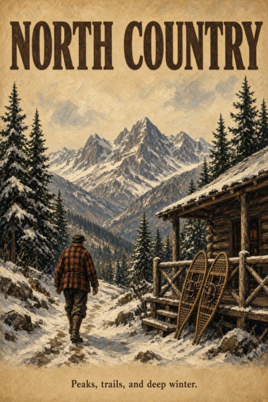 Vintage poster of the North Country: snowy mountains above a small village, with skiers on a slope and a moose near the trees. Caption: Peaks, trails, and deep winter.