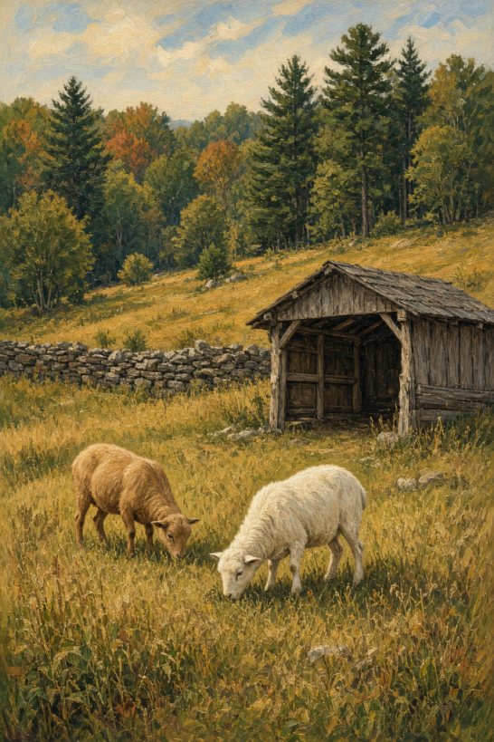 Sheep grazing a stone-walled pasture, with a white farmhouse and fall trees