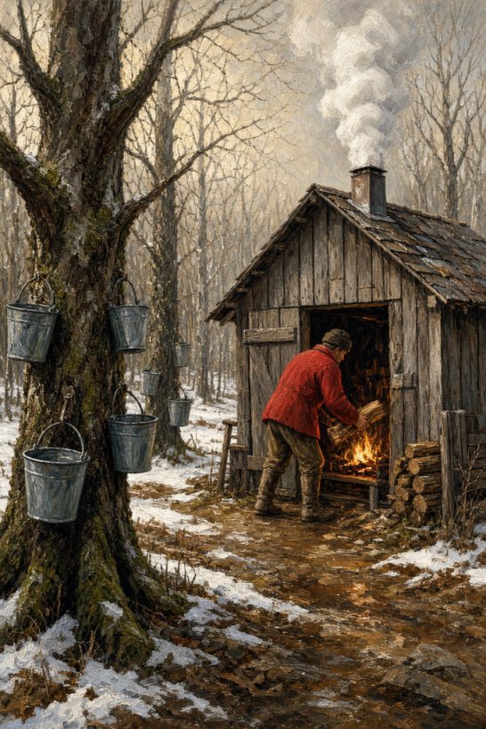 A sugar shack in the snow, with steam rising from the roof and maple trees around it